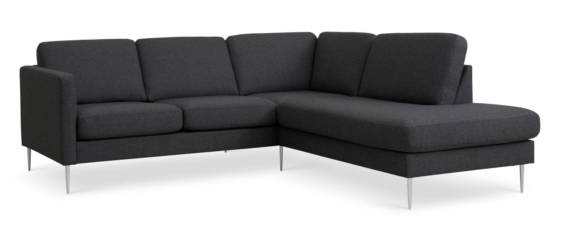Askset 53 liten OE-soffa, med höger schäslong - antracitgrå polyestertyg och borstad aluminium