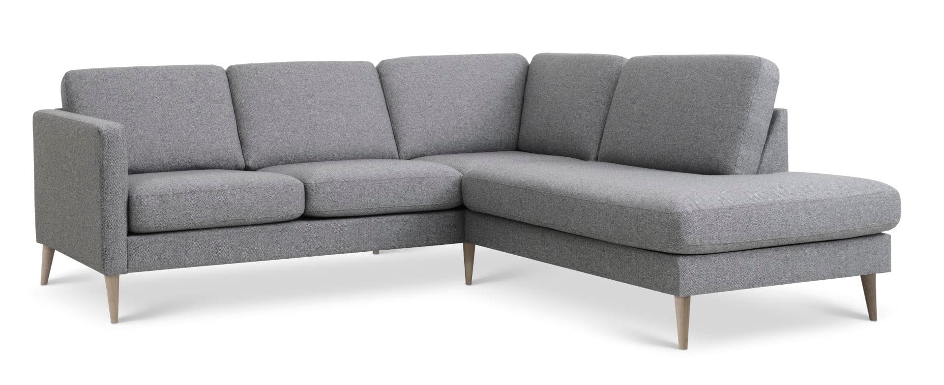 Askset 53 liten OE-soffa, med höger schäslong - ljus granitgrå polyestertyg och naturligt trä