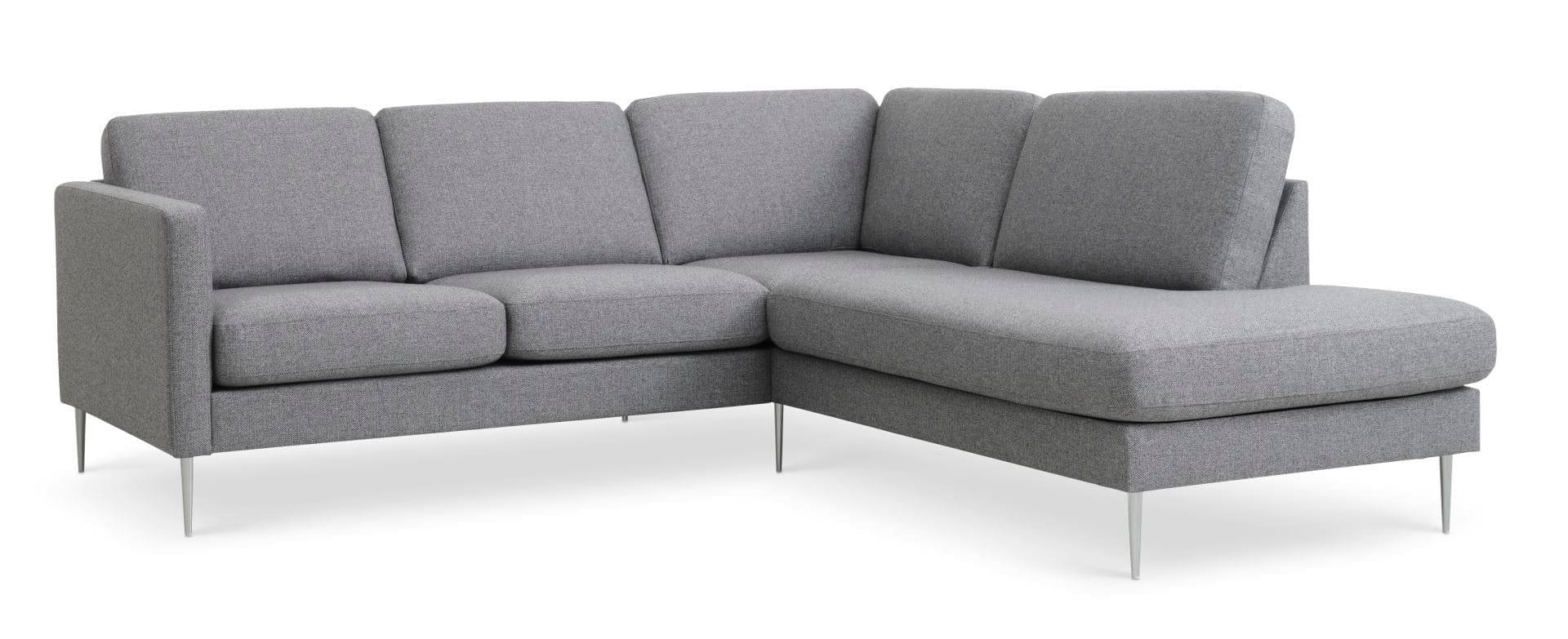 Askset 53 liten OE-soffa, med höger schäslong - ljus granitgrå polyesterväv och borstad aluminium