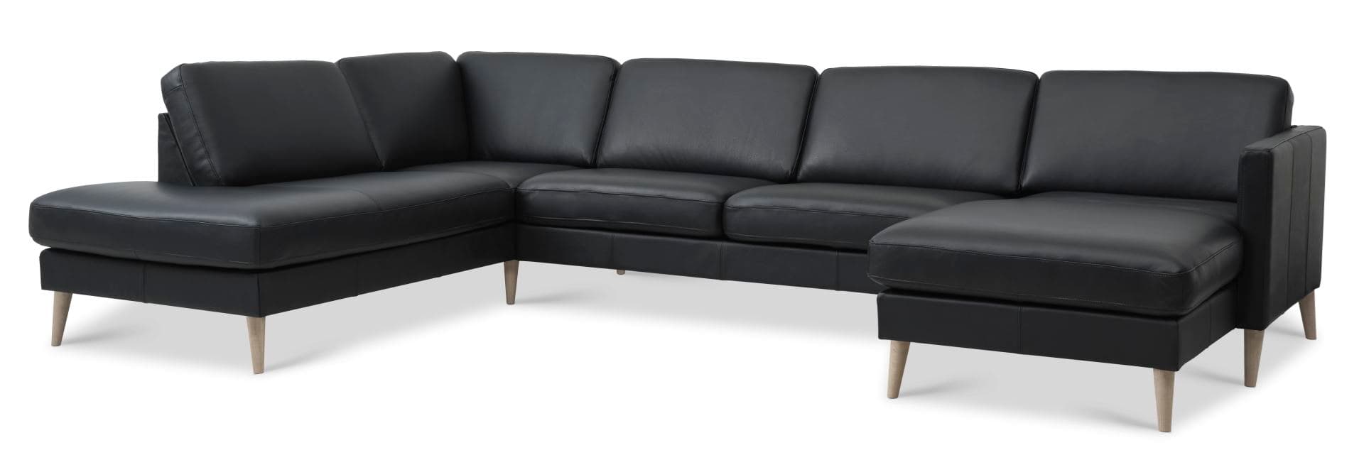 Askset 54 U OE soffa, med vänster schäslong - svart semianilinläder och naturligt trä