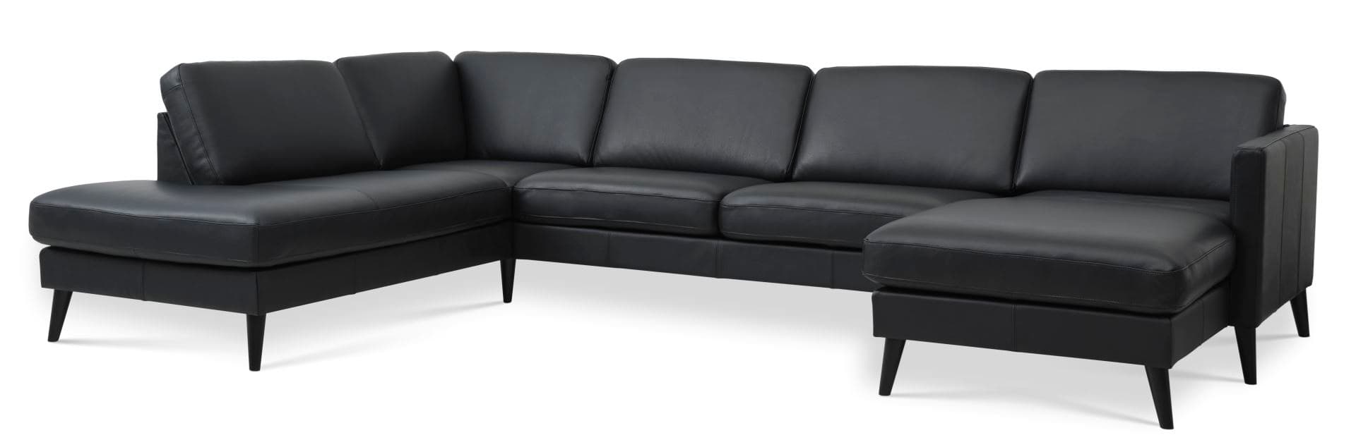 Askset 54 U OE soffa, m vänster schäslong - svart semianilinläder och svart trä