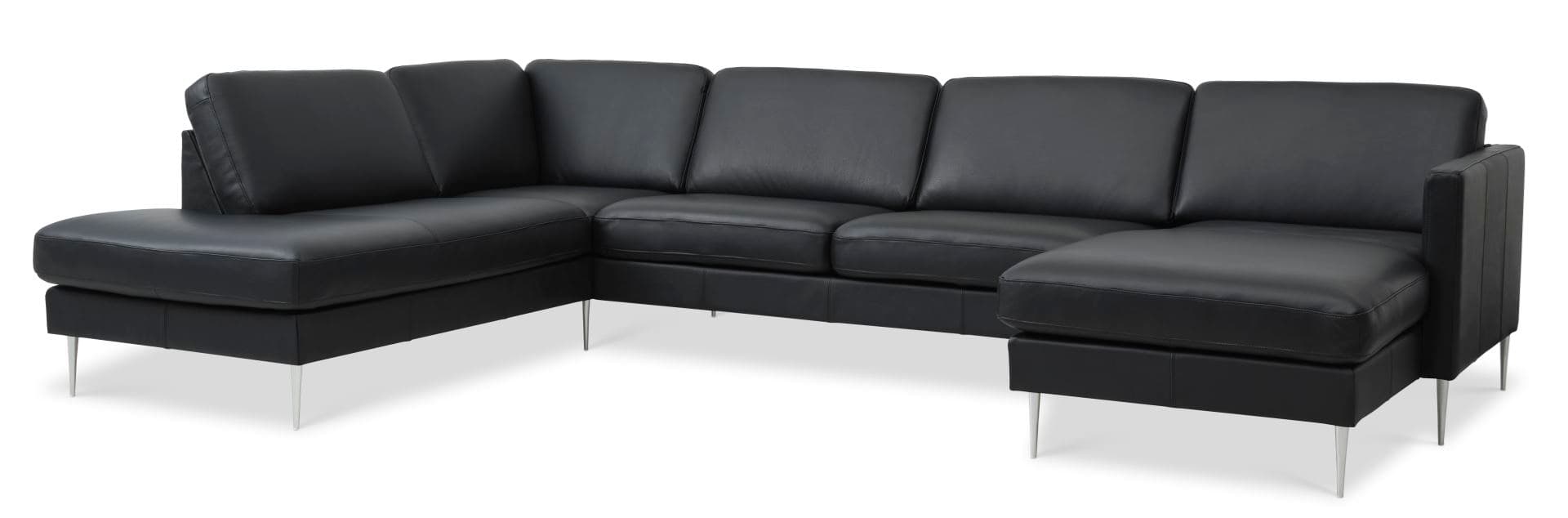 Askset 54 U OE soffa, m vänster schäslong - svart semianilinläder och borstad aluminium