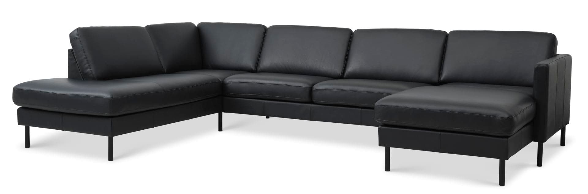 Askset 54 U OE soffa, med vänster schäslong - svart semianilinläder och svart metall