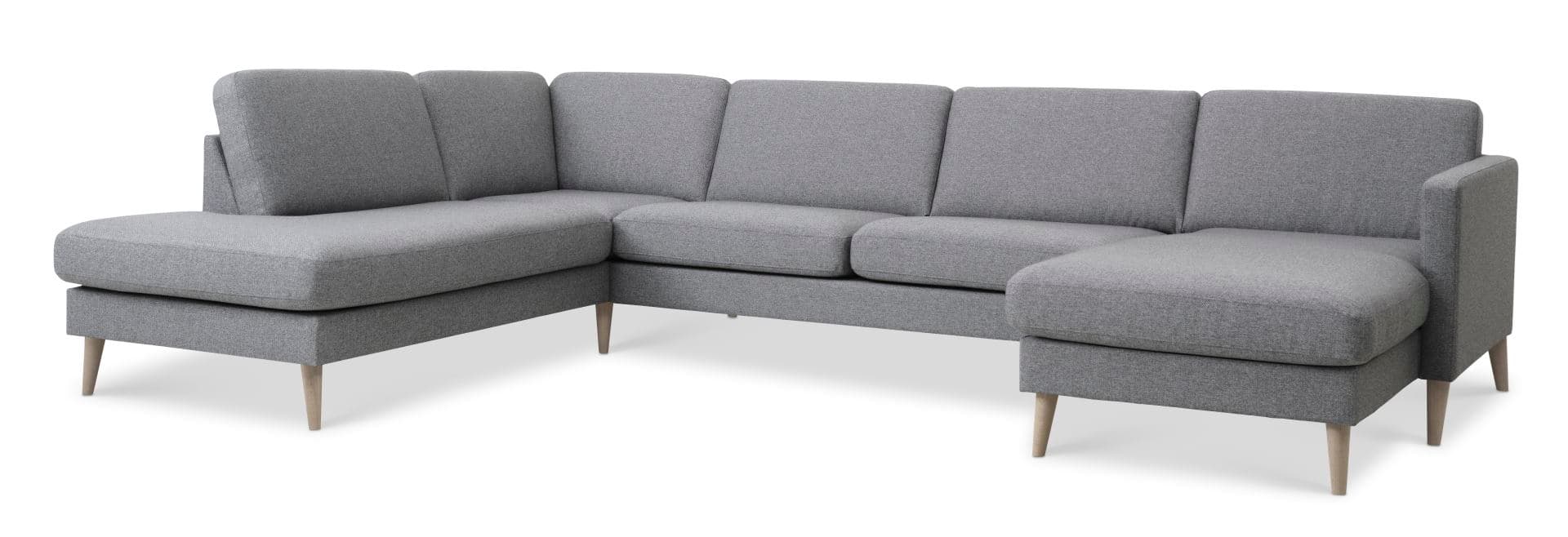 Askset 54 U OE soffa, med vänster schäslong - ljus granitgrå polyestertyg och naturligt trä