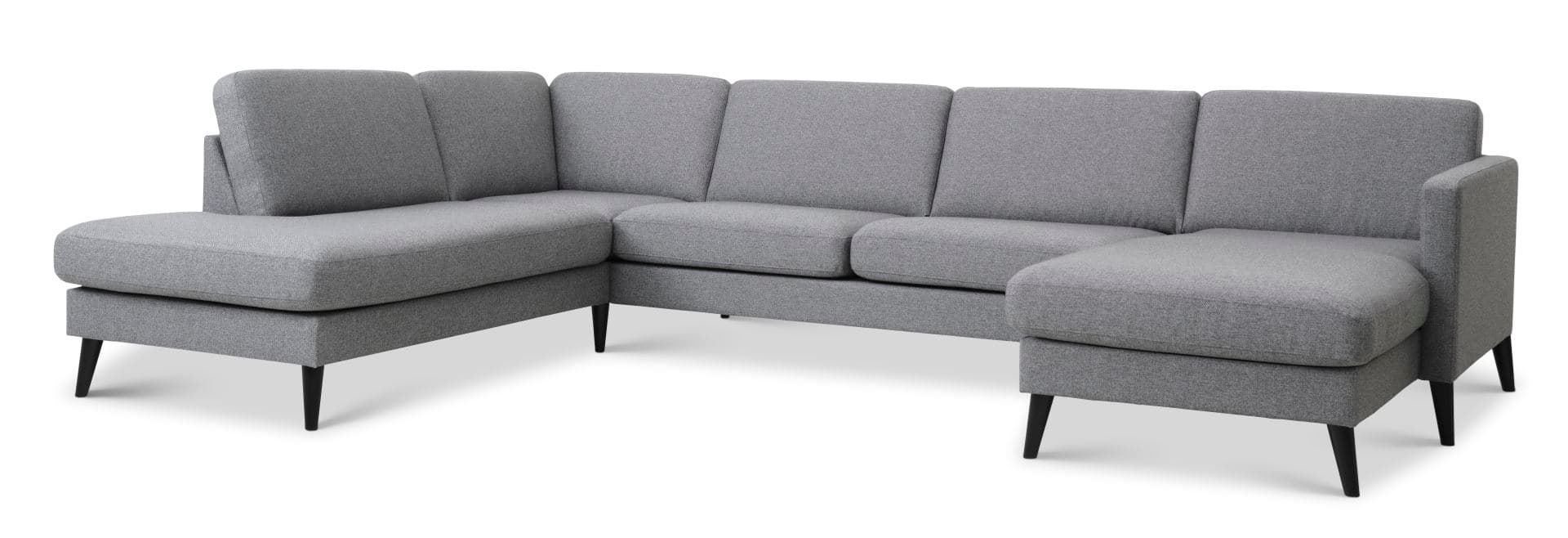 Askset 54 U OE soffa, med vänster schäslong - ljus granitgrå polyestertyg och svart trä