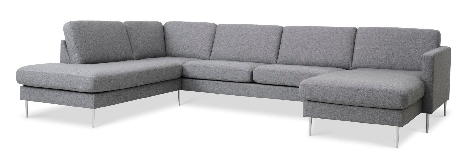 Askset 54 U OE soffa, med vänster schäslong - ljus granitgrå polyesterväv och borstad aluminium