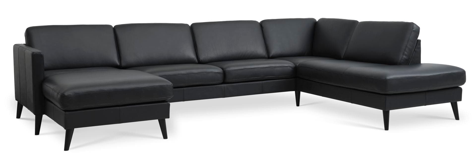 Askset 55 U OE soffa, med höger schäslong - svart semianilinläder och svart trä