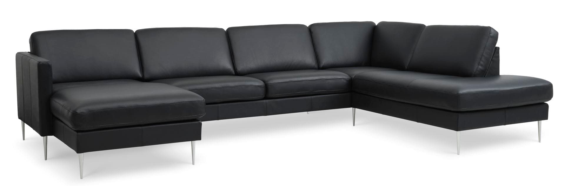 Askset 55 U OE soffa, med höger schäslong - svart semianilinläder och borstad aluminium