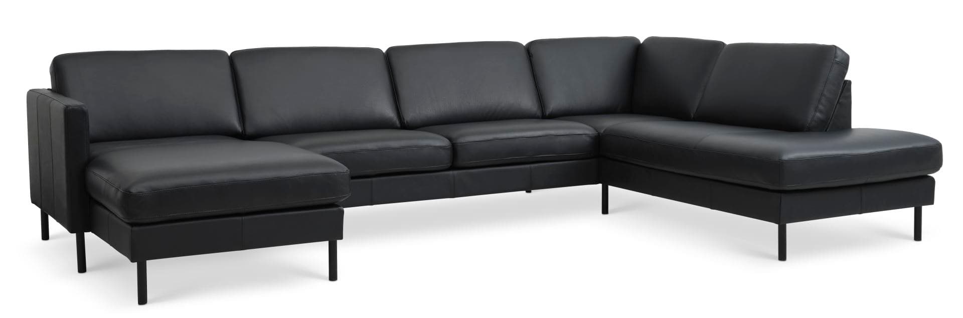 Askset 55 U OE soffa, m höger schäslong - svart semianilinläder och svart metall
