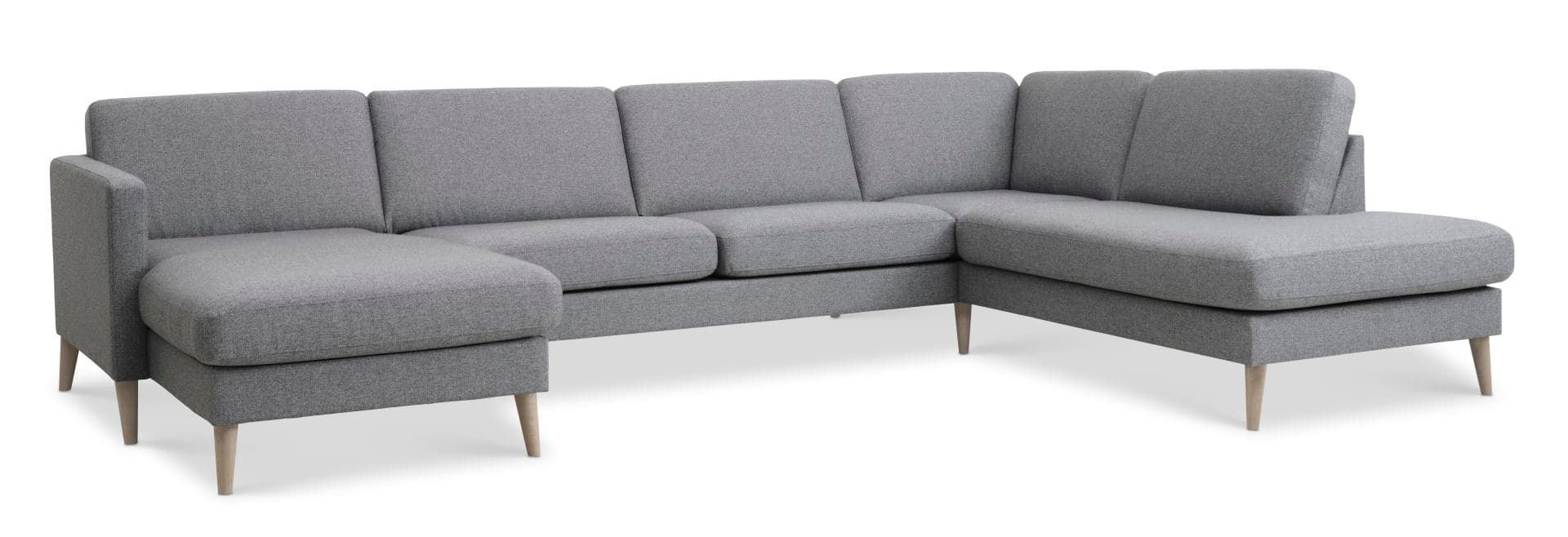 Askset 55 U OE soffa, med höger schäslong - ljus granitgrå polyestertyg och naturligt trä