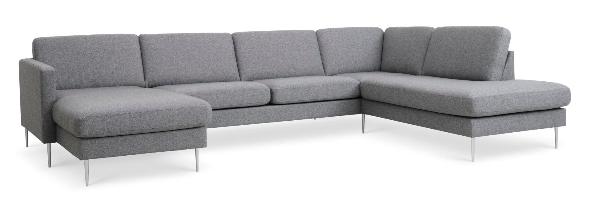 Askset 55 U OE soffa, med höger schäslong - ljus granitgrå polyesterväv och borstad aluminium