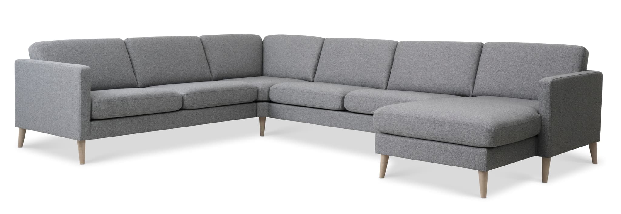 Askset 56 U 2C3D soffa - ljus granitgrå polyesterväv och naturligt trä