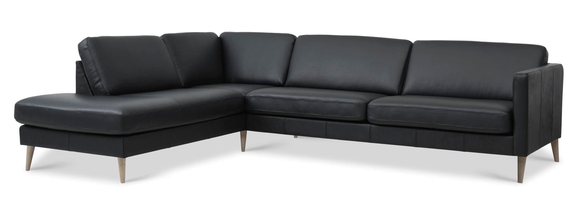 Askset 60 stor OE-soffa, med vänster schäslong - svart semianilinläder och naturligt trä