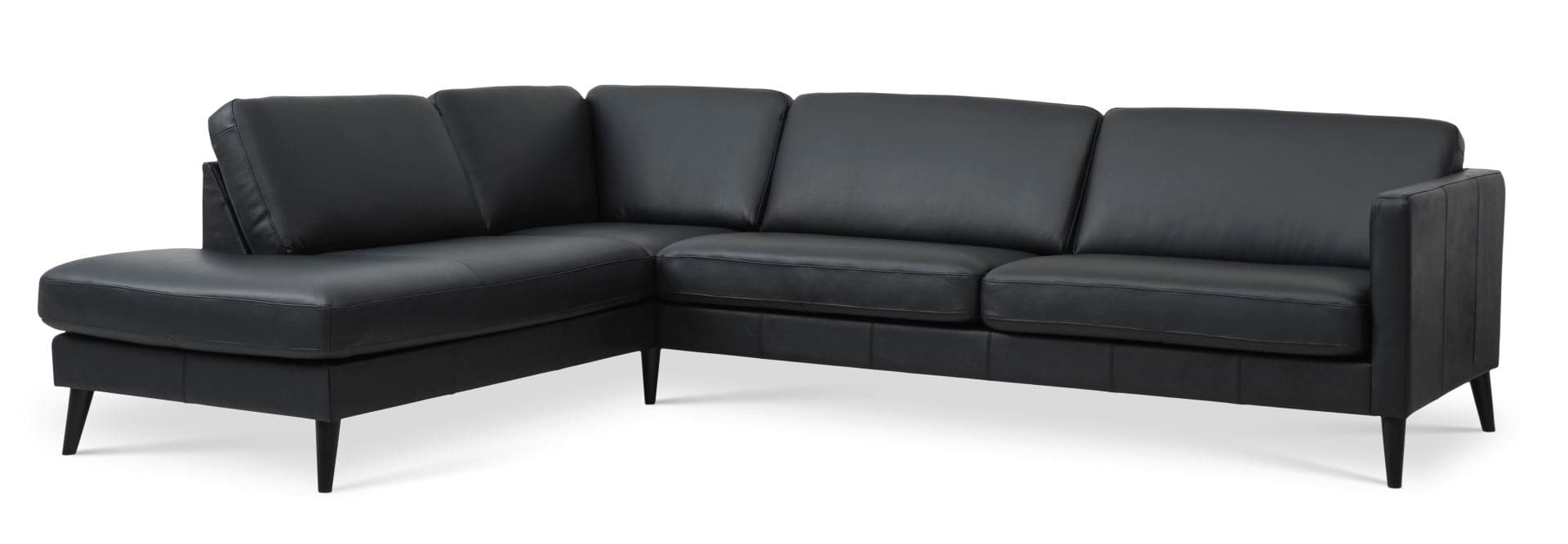 Askset 60 stor OE soffa, med vänster schäslong - svart semianilinläder och svart trä