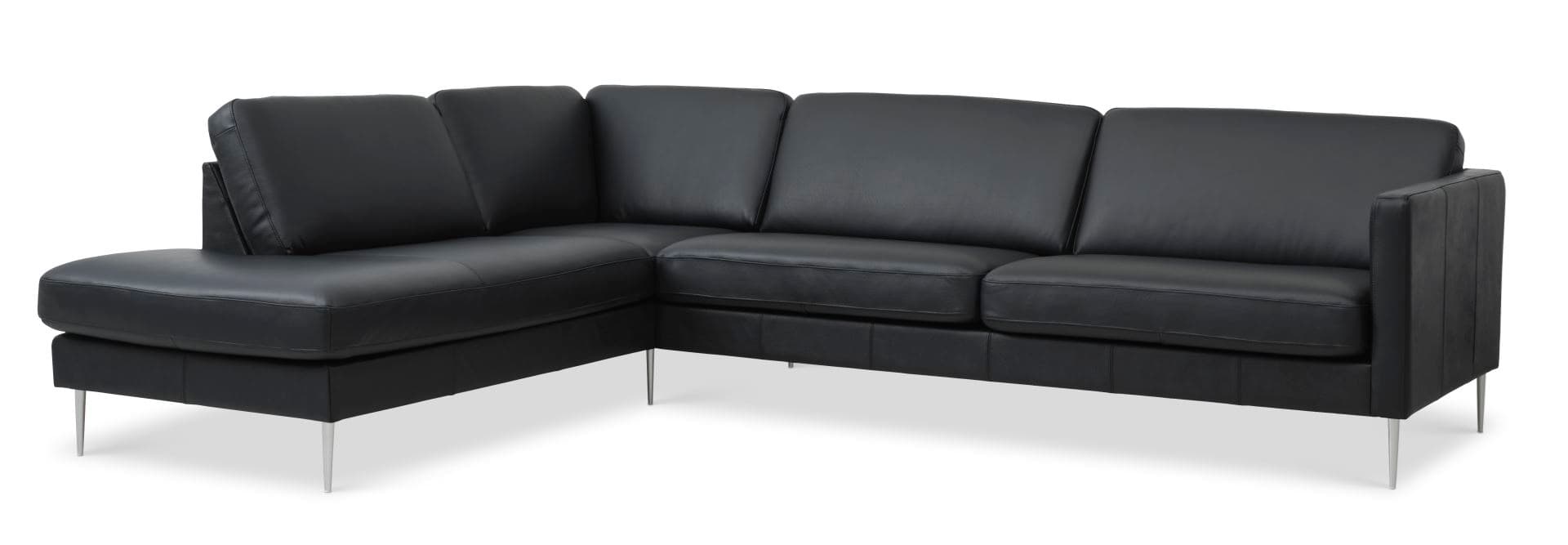 Askset 60 stor OE soffa, med vänster schäslong - svart semianilinläder och borstad aluminium