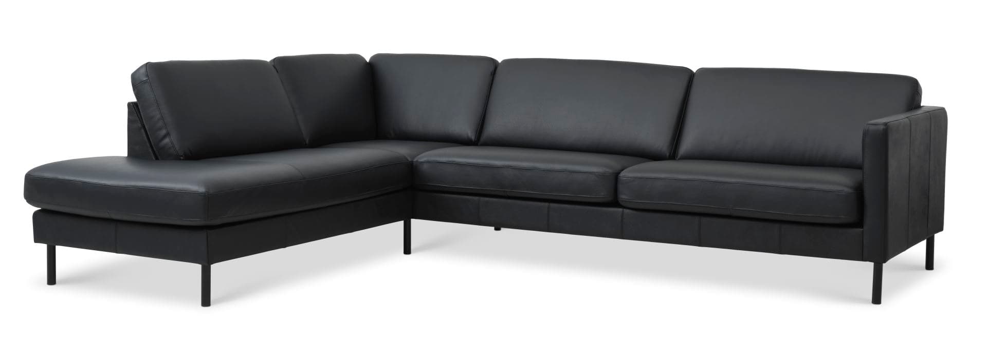 Askset 60 stor OE soffa, med vänster schäslong - svart semianilinläder och svart metall