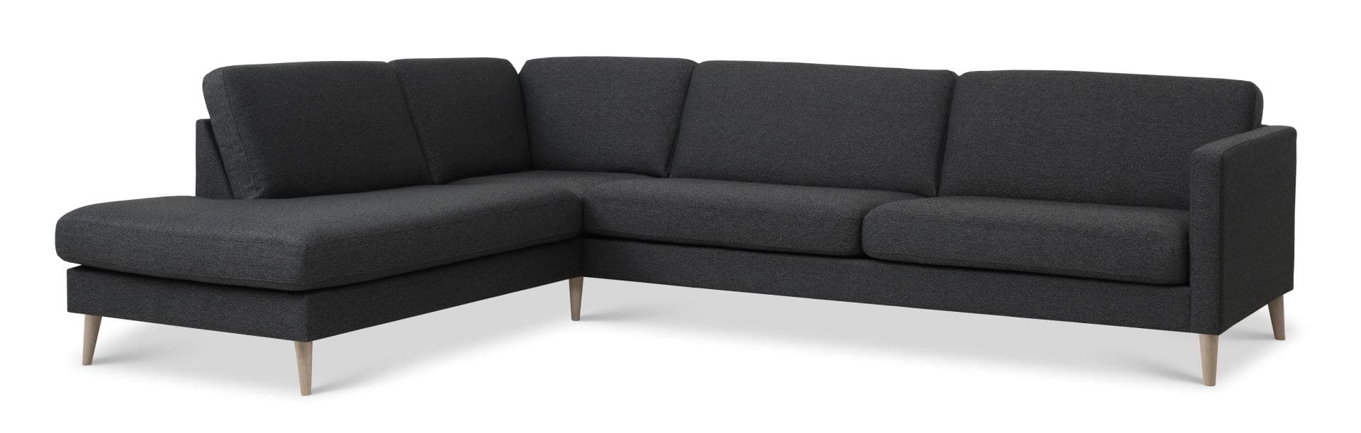 Askset 60 stor OE-soffa, med vänster schäslong - antracitgrå polyestertyg och naturligt trä