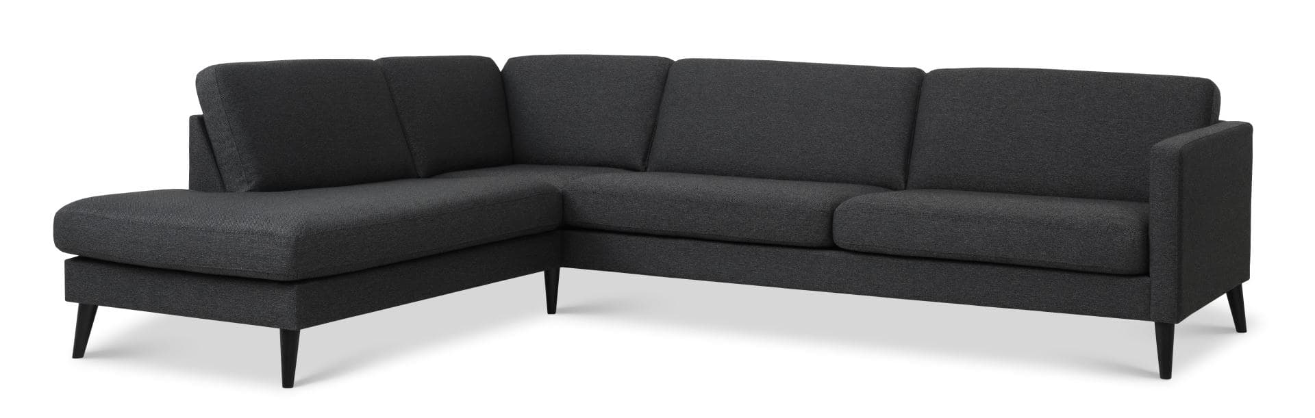 Askset 60 stor OE-soffa, med vänster schäslong - antracitgrå polyestertyg och svart trä