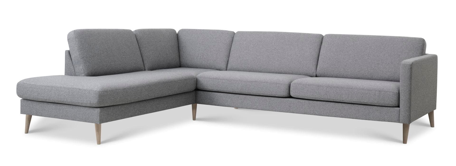 Askset 60 stor OE-soffa, med vänster schäslong - ljus granitgrå polyestertyg och naturligt trä