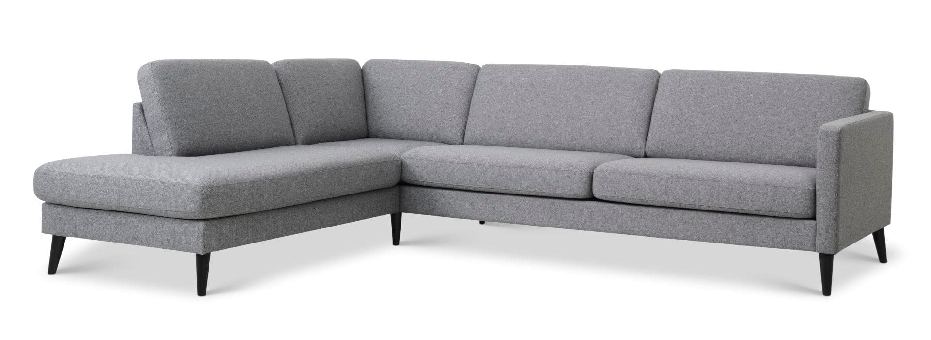 Askset 60 stor OE-soffa, med vänster schäslong - ljus granitgrå polyestertyg och svart trä