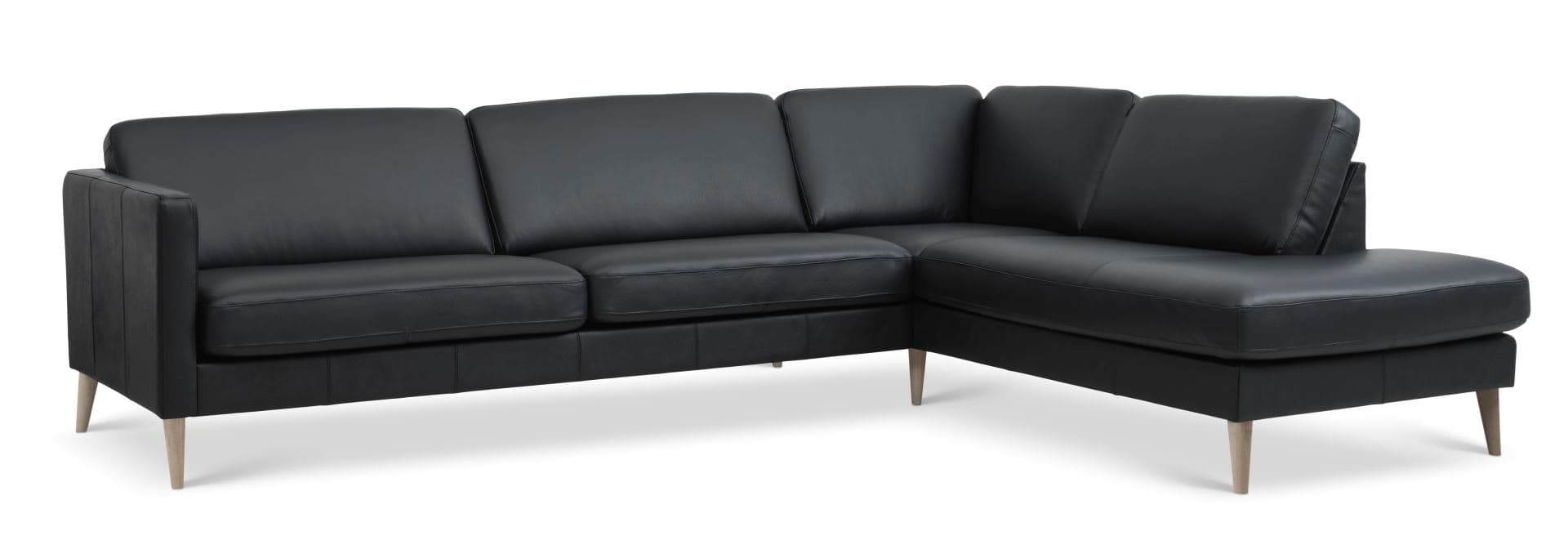 Askset 61 stor OE-soffa, med höger schäslong - svart semianilinläder och naturligt trä