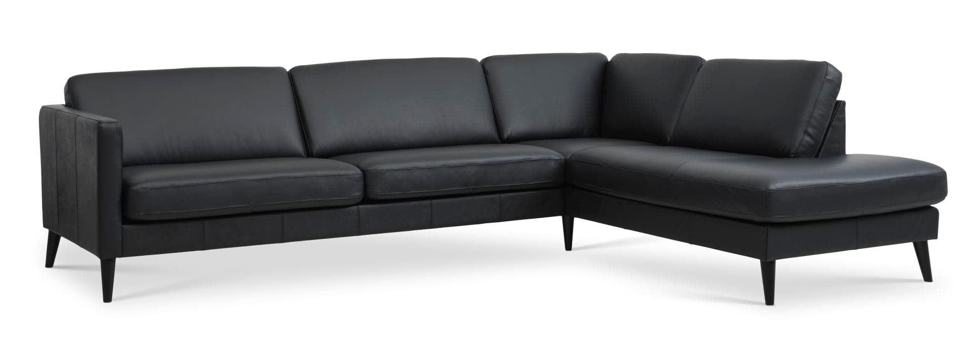 Askset 61 stor OE-soffa, med höger schäslong - svart semianilinläder och svart trä