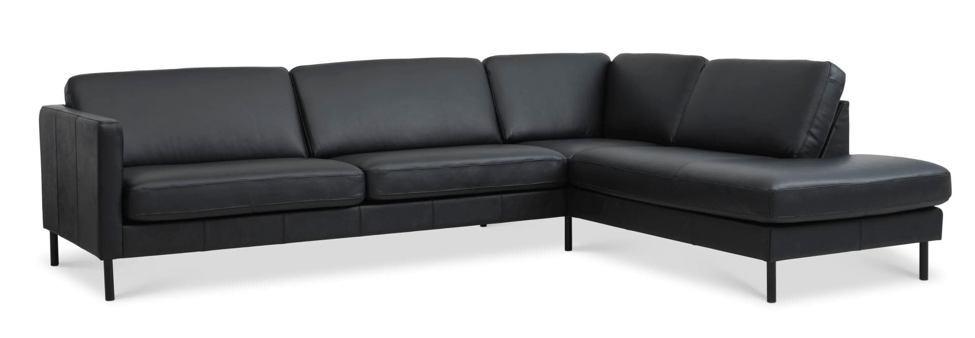 Askset 61 stor OE-soffa, med höger schäslong - svart semianilinläder och svart metall