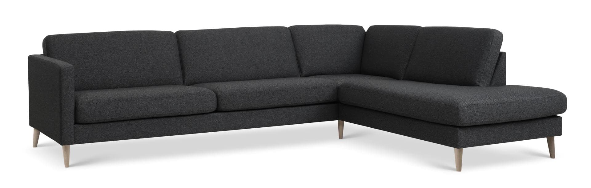 Askset 61 stor OE-soffa, med höger schäslong - antracitgrå polyestertyg och naturligt trä