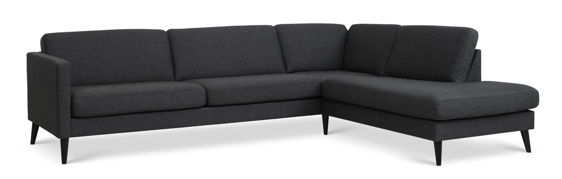 Askset 61 stor OE-soffa, med höger schäslong - antracitgrå polyestertyg och svart trä