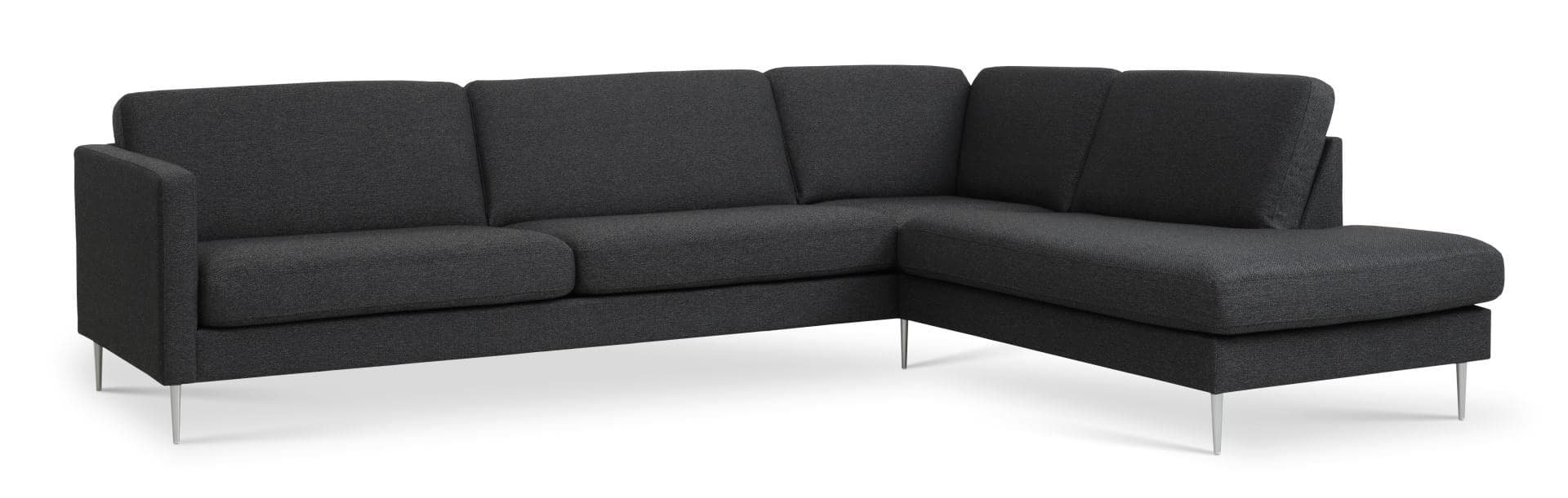 Askset 61 stor OE-soffa, med höger schäslong - antracitgrå polyestertyg och borstad aluminium