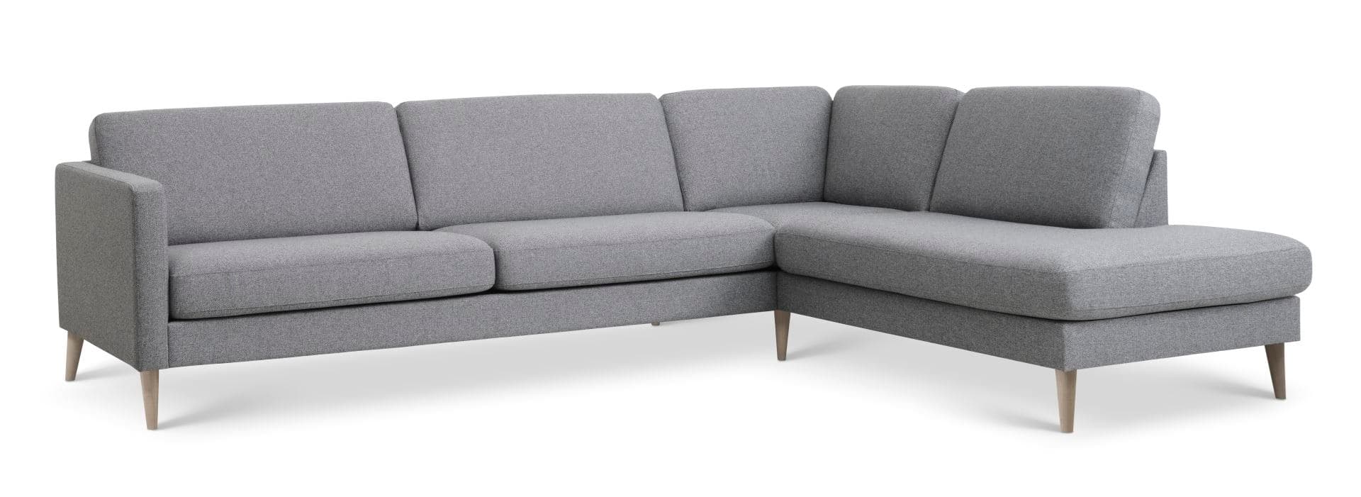 Askset 61 stor OE-soffa, med höger schäslong - ljus granitgrå polyestertyg och naturligt trä