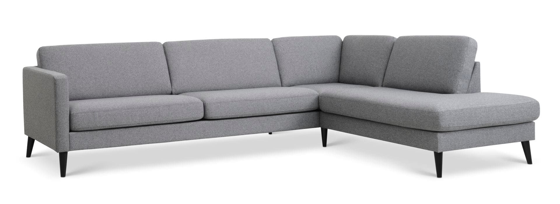 Askset 61 stor OE-soffa, med höger schäslong - ljus granitgrå polyestertyg och svart trä