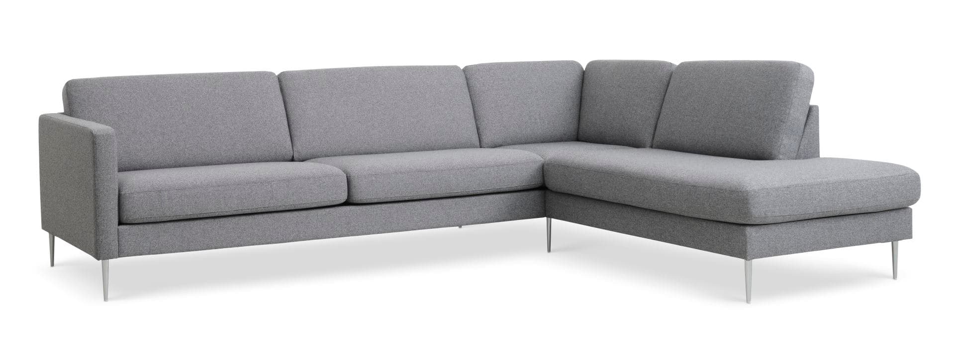 Askset 61 stor OE-soffa, med höger schäslong - ljus granitgrå polyesterväv och borstad aluminium