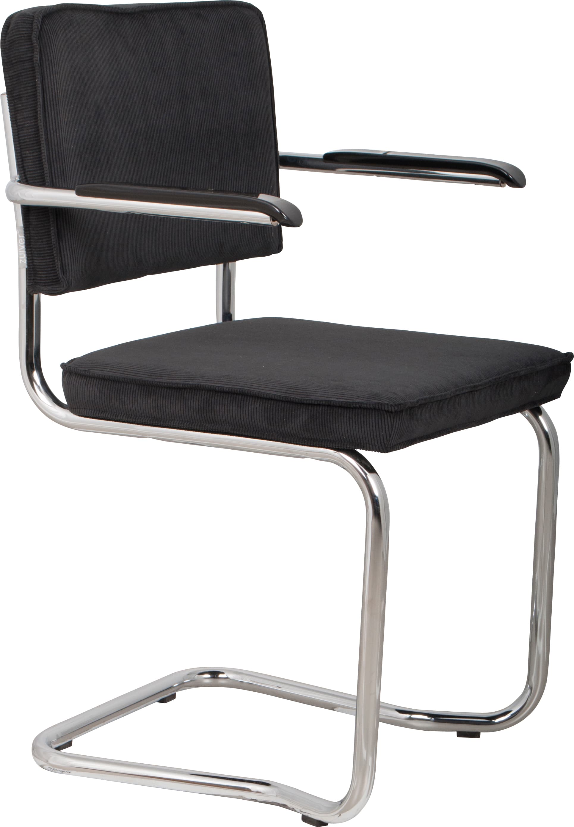 ZUIVER Ridge Rib Kink matbordsstol, m armstöd - svart sammetspolyester/nylon och silverkrom