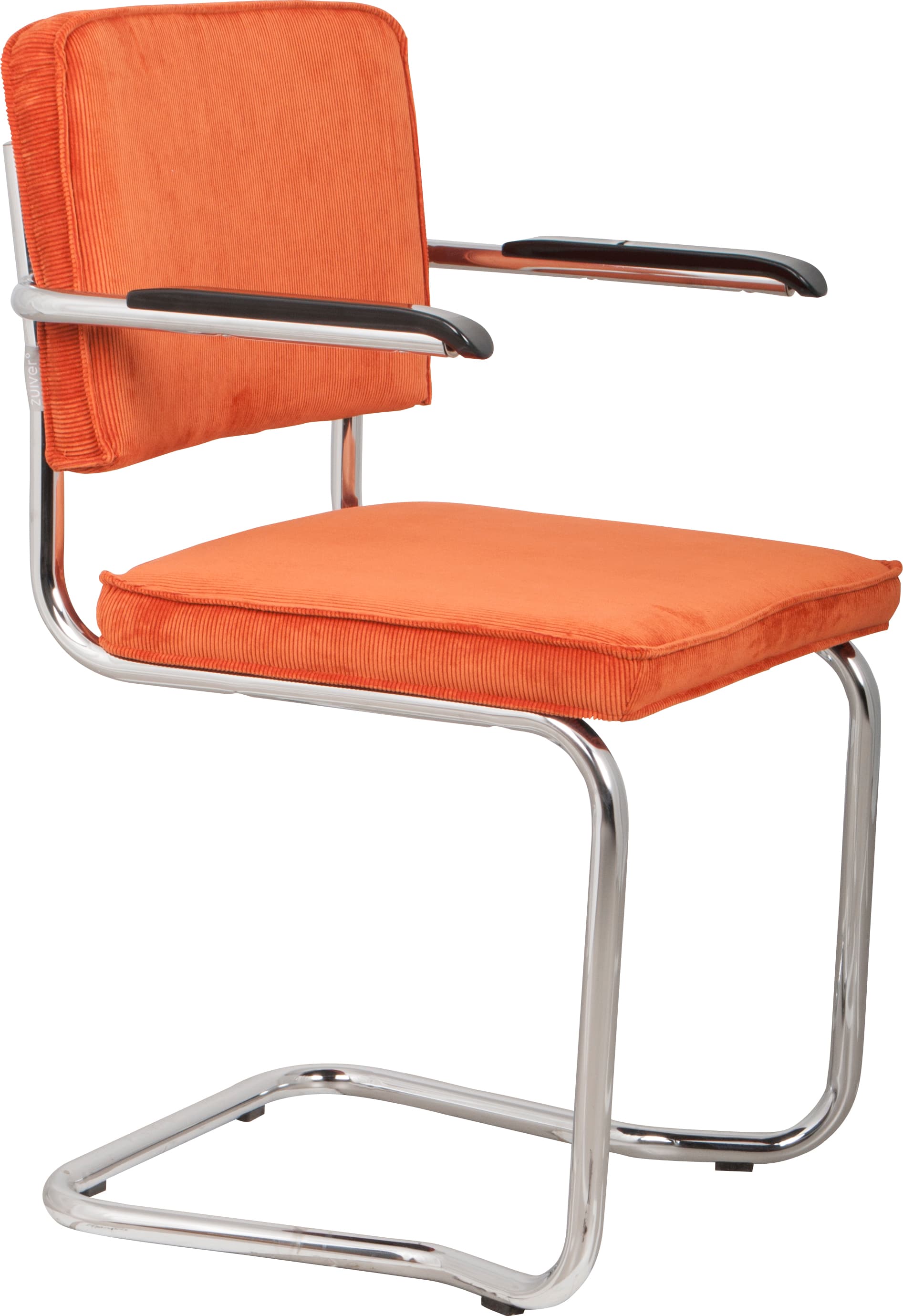 ZUIVER Ridge Rib Kink matbordsstol, m armstöd - orange sammet polyester/nylon och silver krom