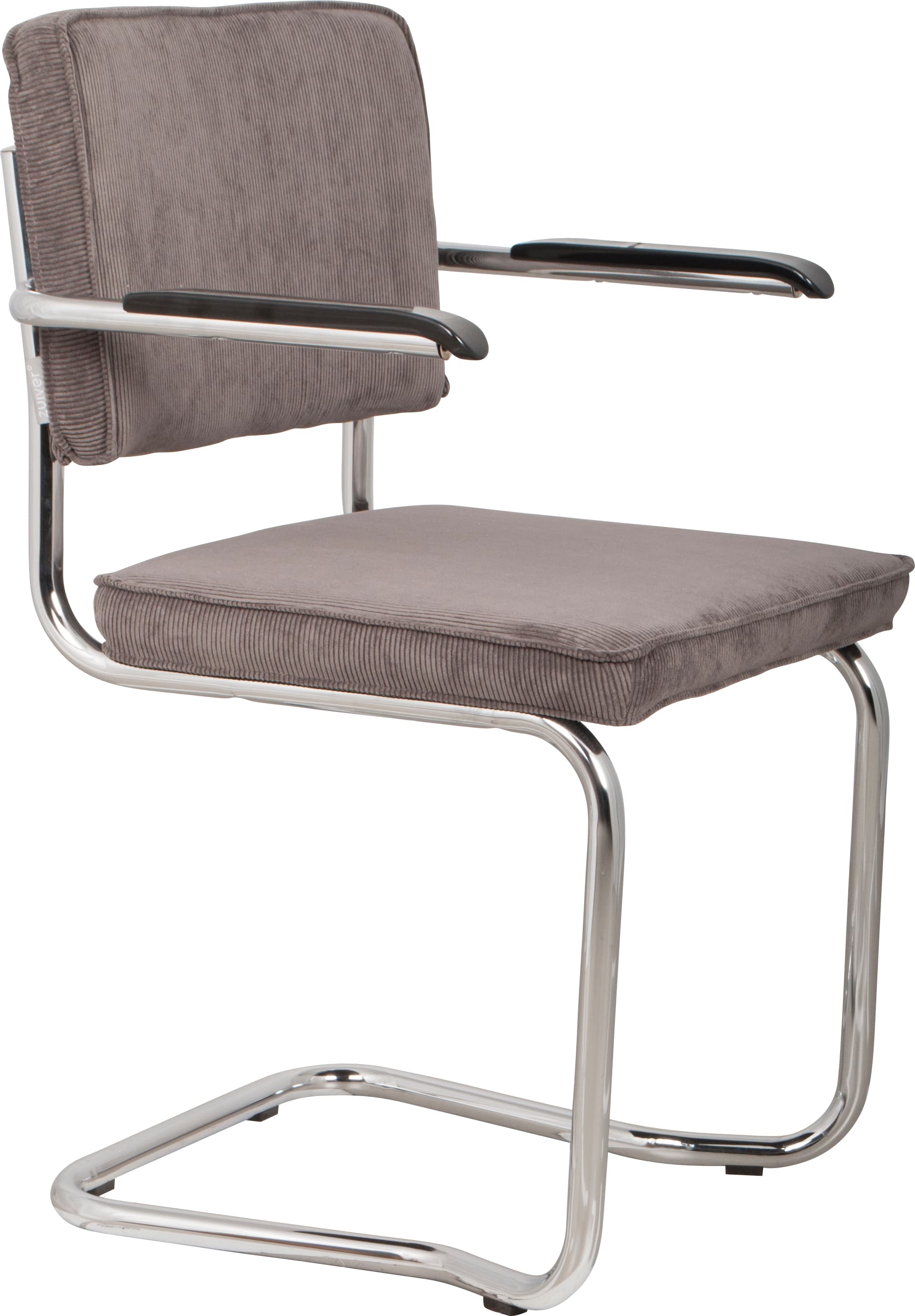 ZUIVER Ridge Rib Kink matbordsstol, m armstöd - grå sammetspolyester/nylon och silverkrom