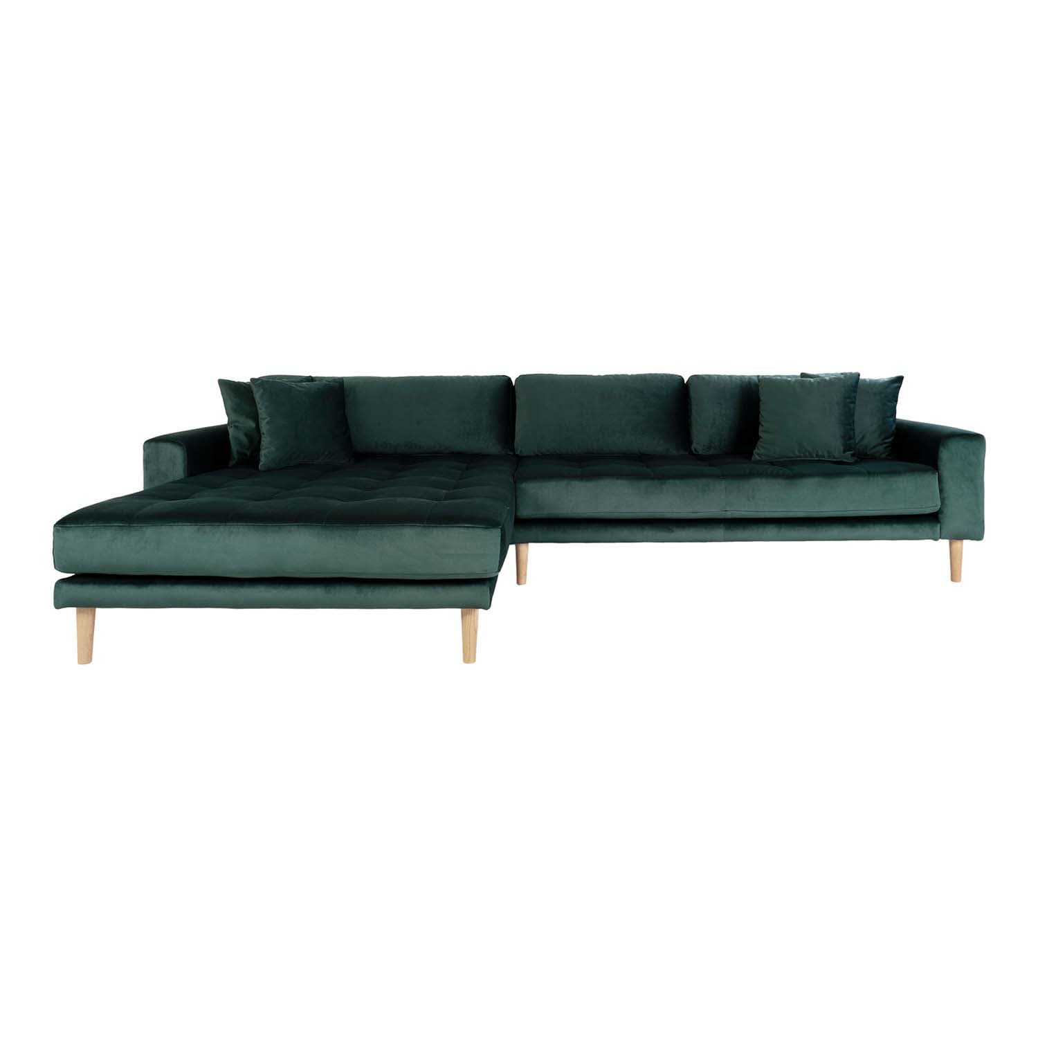 HOUSE NORDIC Lido Fåtölj Soffa, med Vänster Schäslong - Mörkgrön Velour och Naturligt Trä