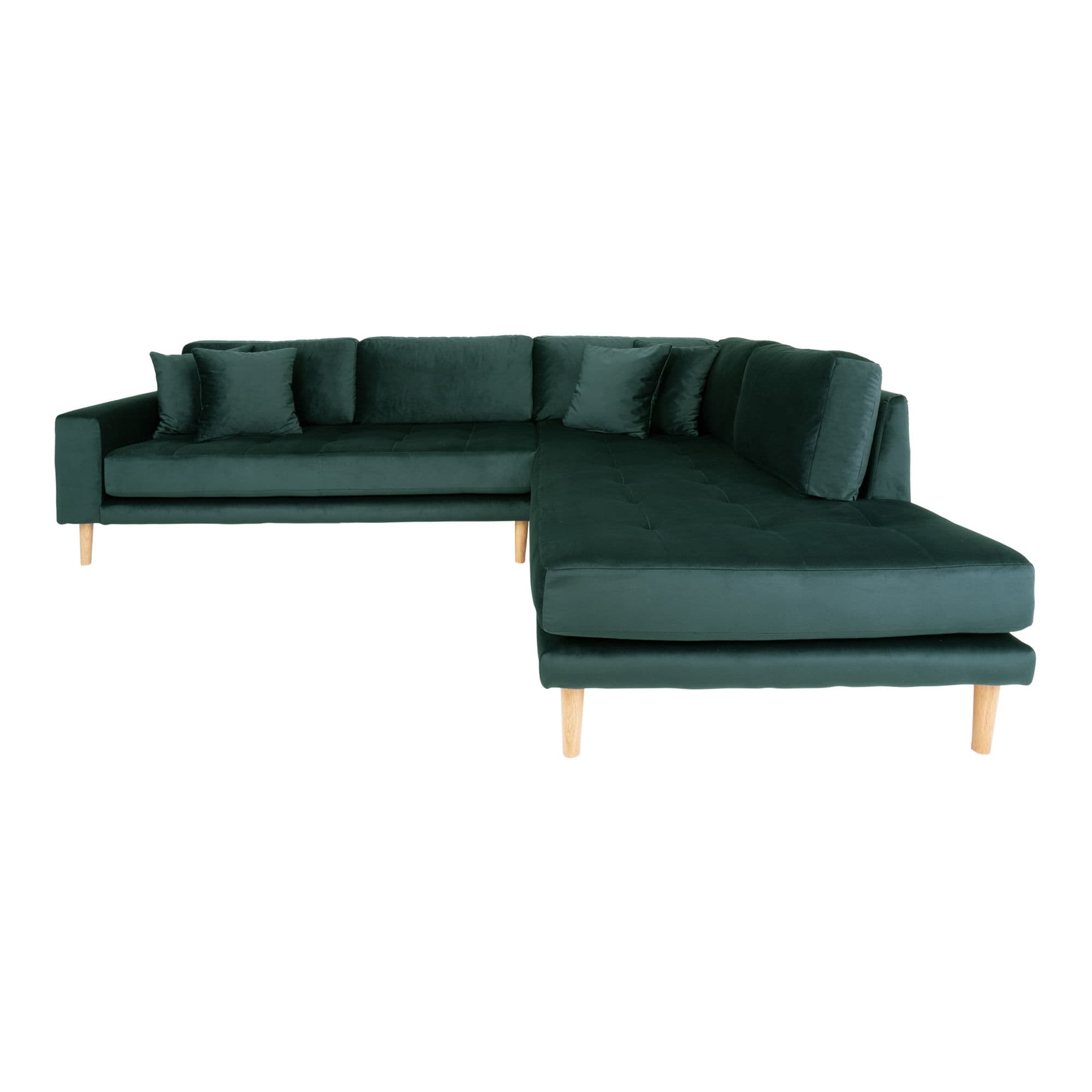 HOUSE NORDIC Lido hörnsoffa öppen ände - Hörnsoffa öppen ände, högervänd i grön velour med fyra kuddar och ben i naturträ, HN1006
