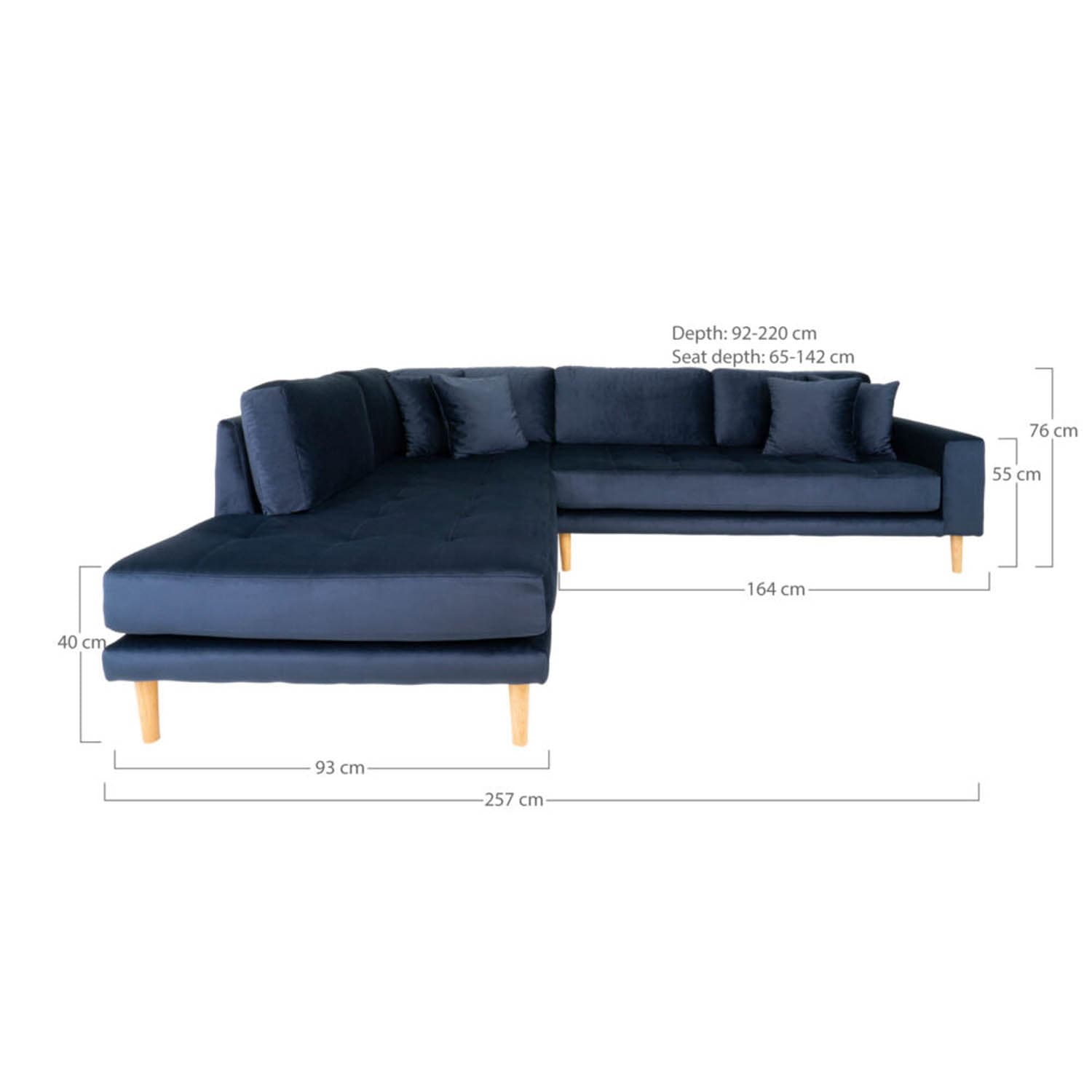 HOUSE NORDIC Lido Hörnsoffa, med Öppen Ände - Blå Velour och Naturlig Ek
