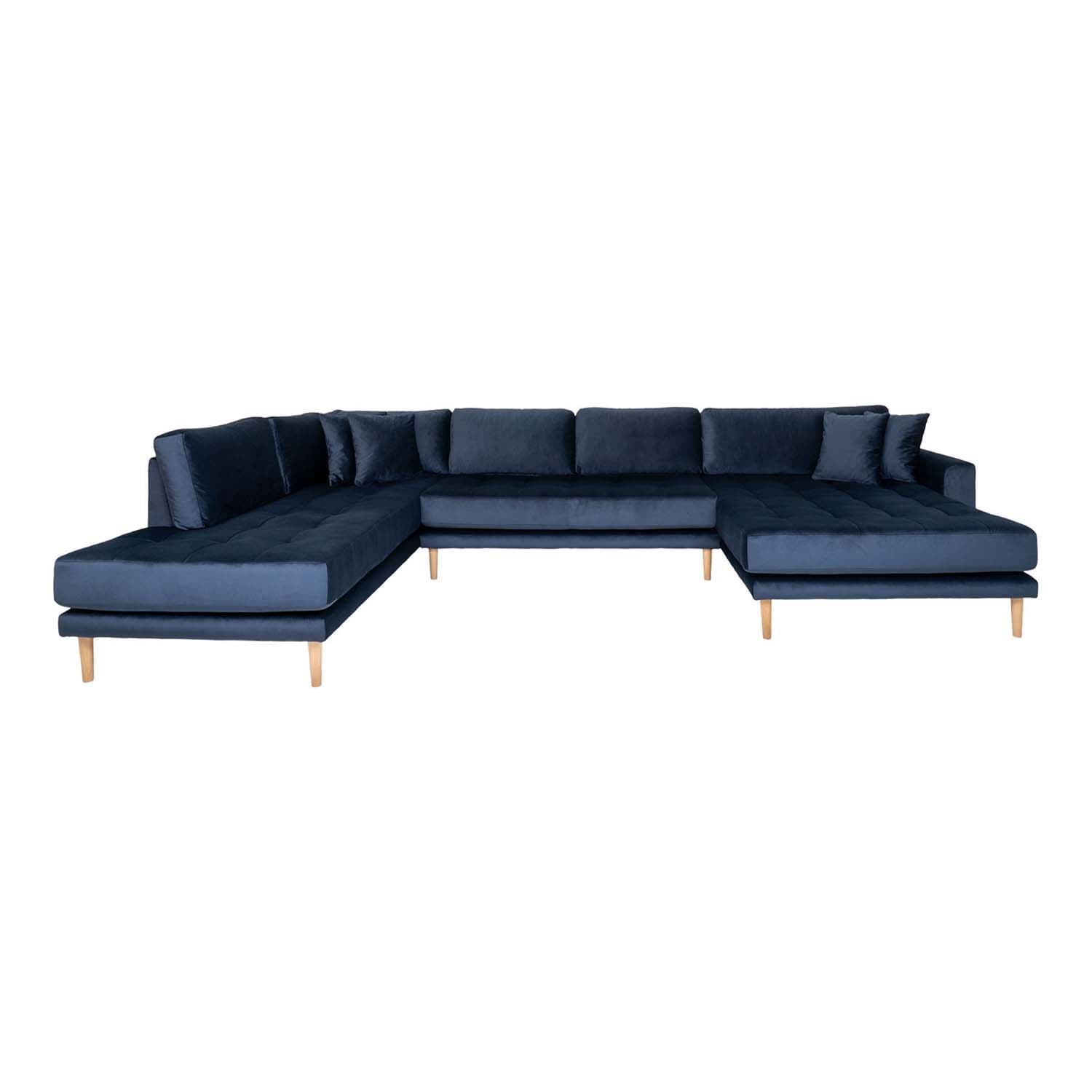 HOUSE NORDIC Lido U-Soffa Öppen Ände, med Höger Schäslong - Mörkblå Velour och Naturligt Trä