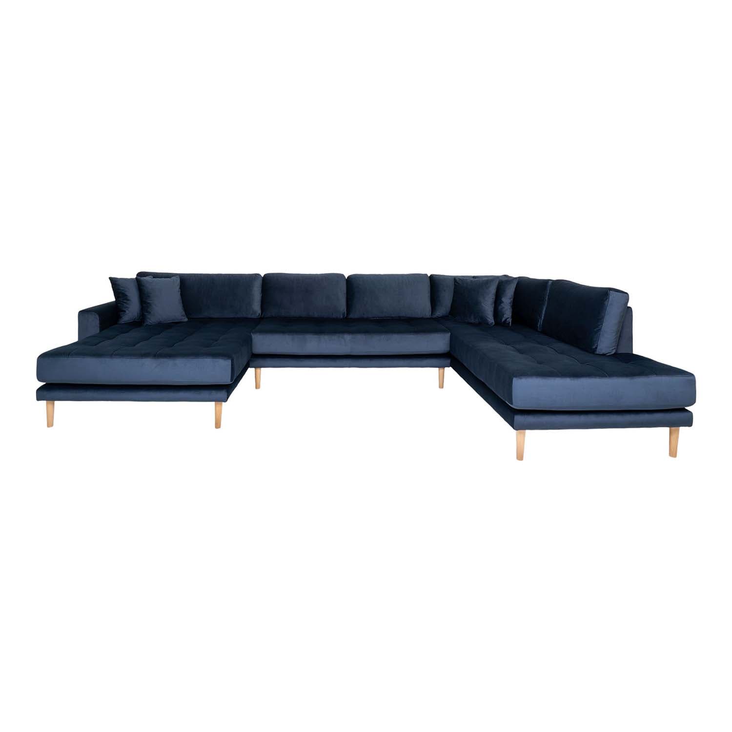 HOUSE NORDIC Lido U-Soffa Öppen Ände, med Vänster Schäslong - Mörkblå Velour och Naturträ
