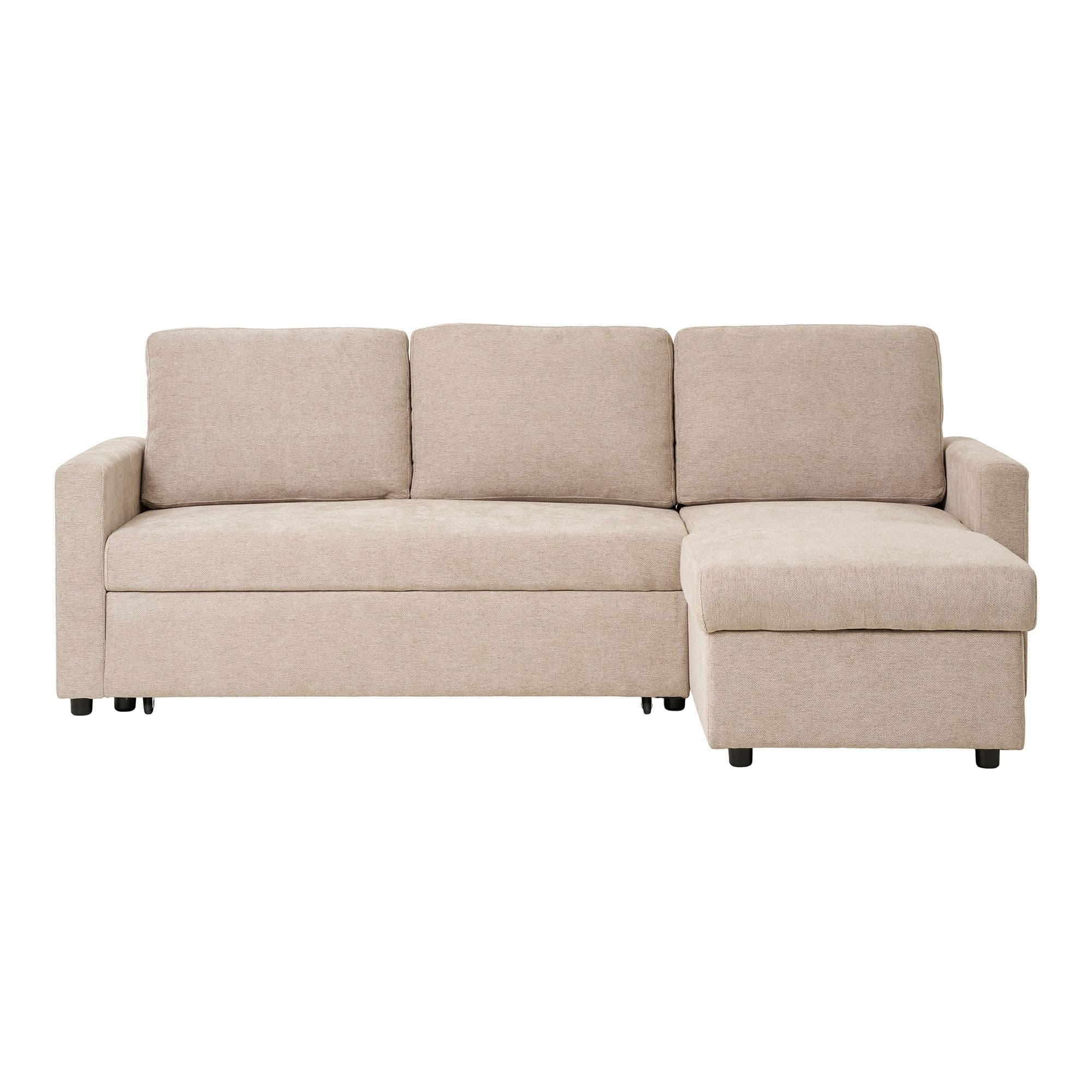 HOUSE NORDIC Belfast bäddsoffa, med schäslong och förvaring - mörk sandfärgad polyester och ben i naturfärg