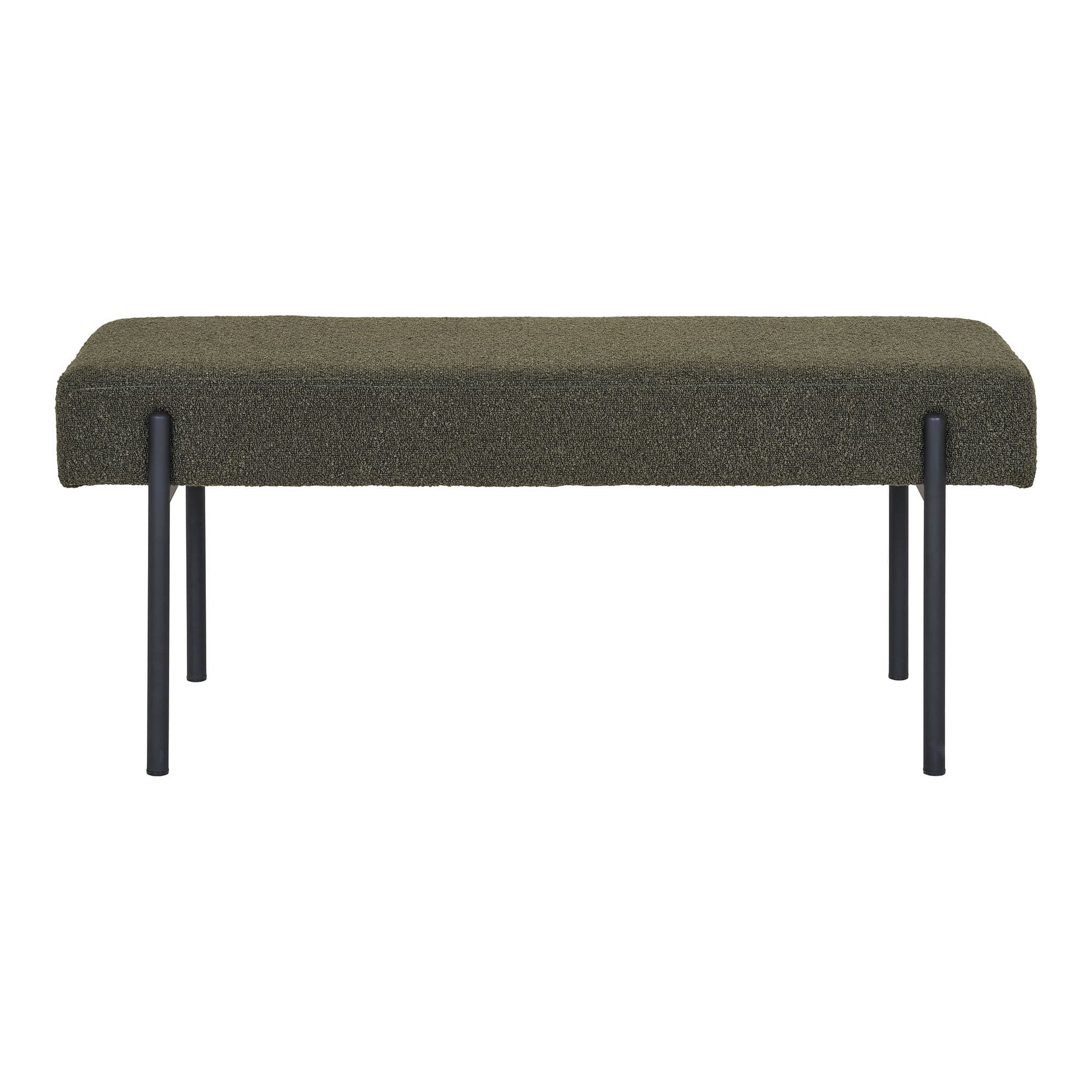 HOUSE NORDIC Swindon bänk, rektangulär - mörkgrönt bouclé polyestertyg och svart stål (100x36)