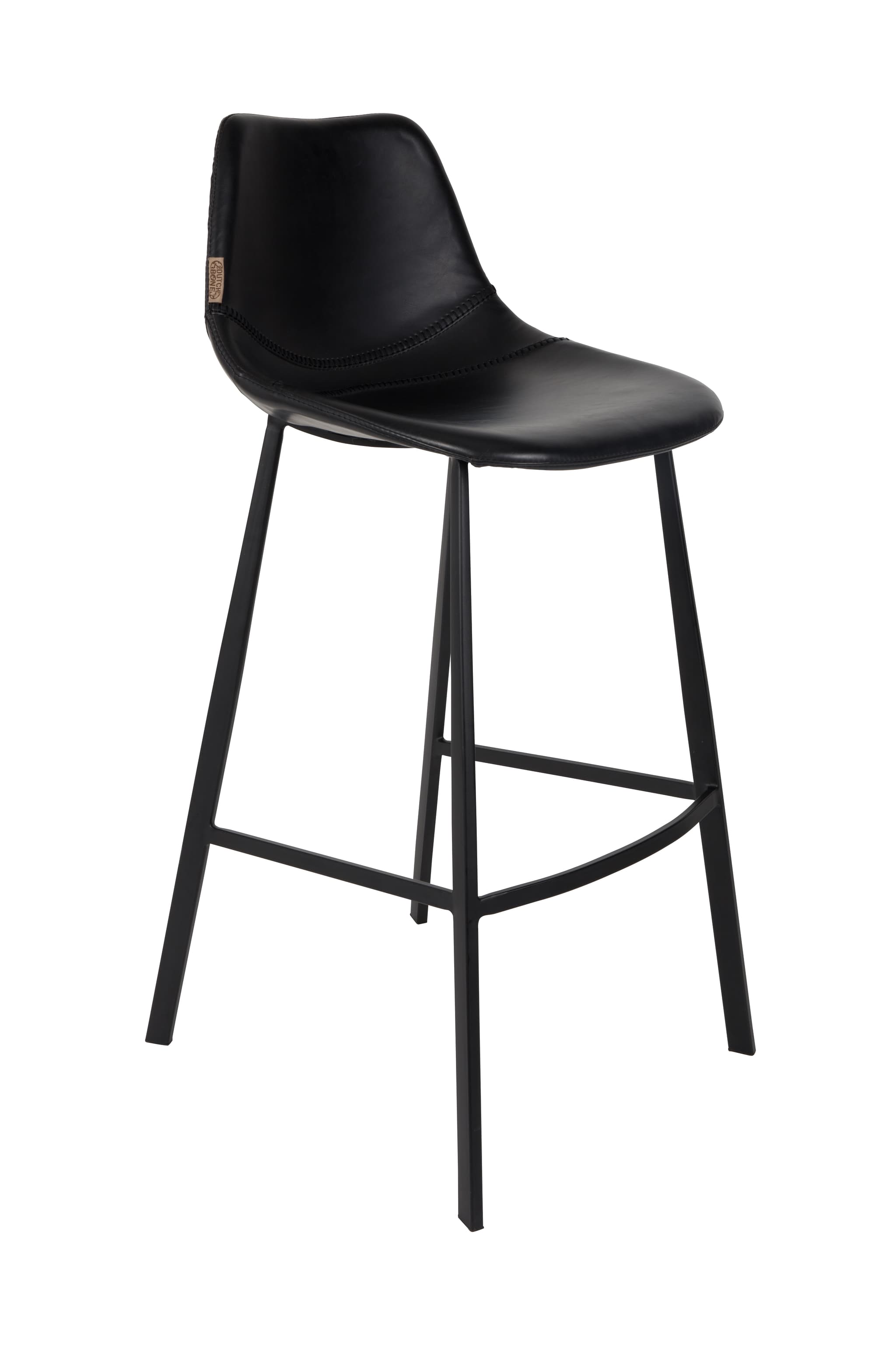 DUTCHBONE Franky barstol, med ryggstöd och fotstöd - svart PU och svart stål (80cm)