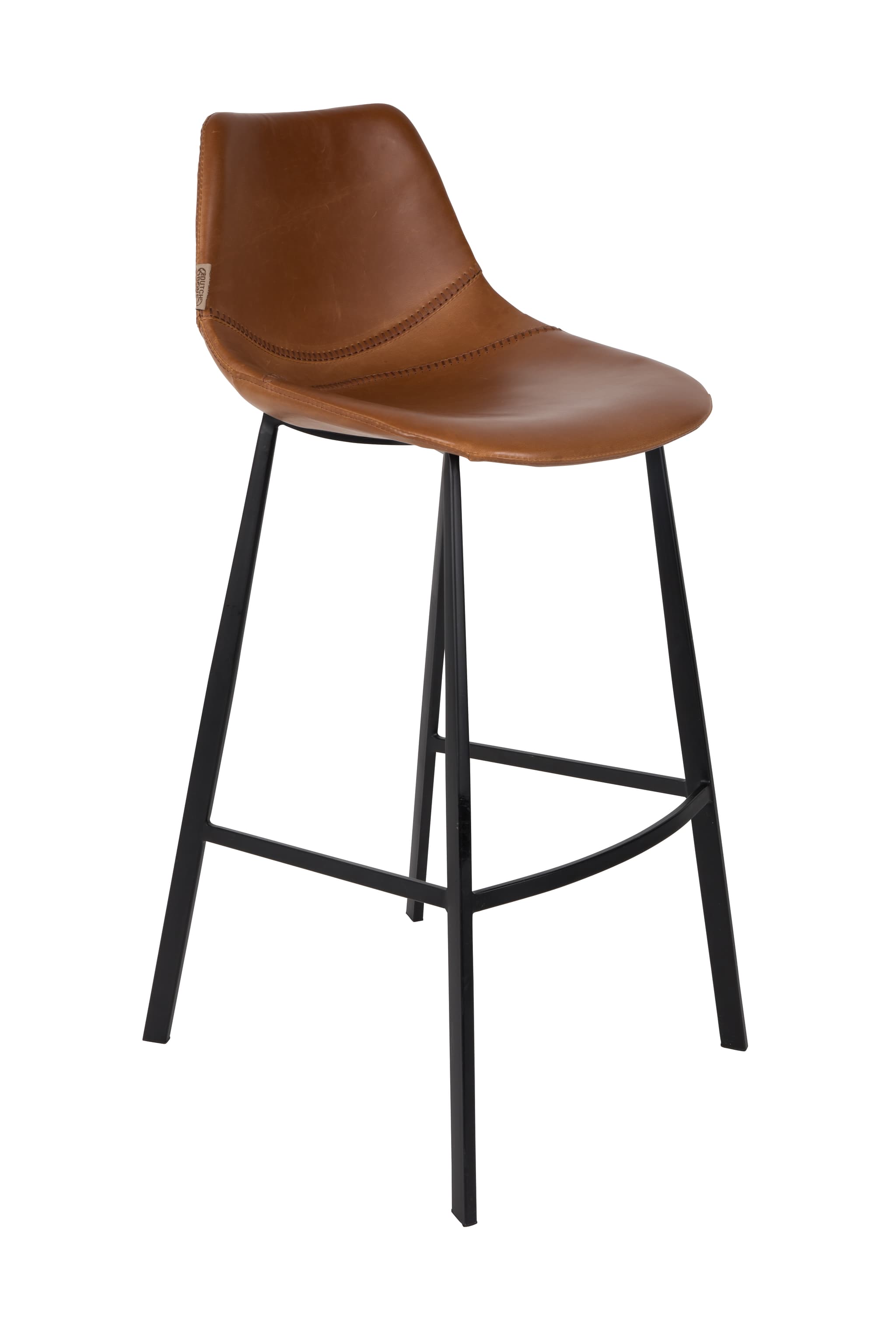 DUTCHBONE Franky barstol, med ryggstöd och fotstöd - brunt PU och svart stål (80cm)