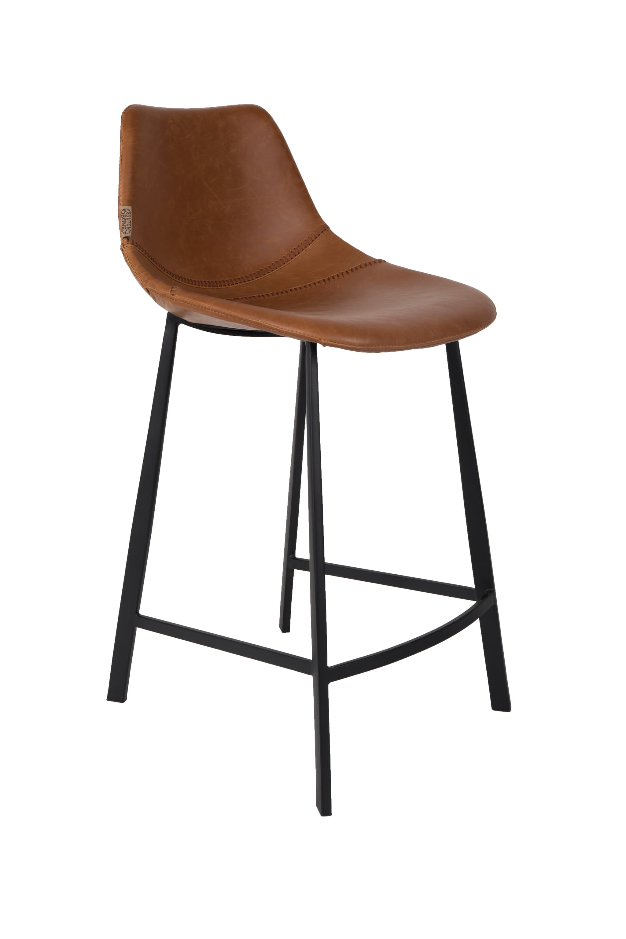 DUTCHBONE Franky barstol, med ryggstöd och fotstöd - brunt PU och svart stål (65cm)