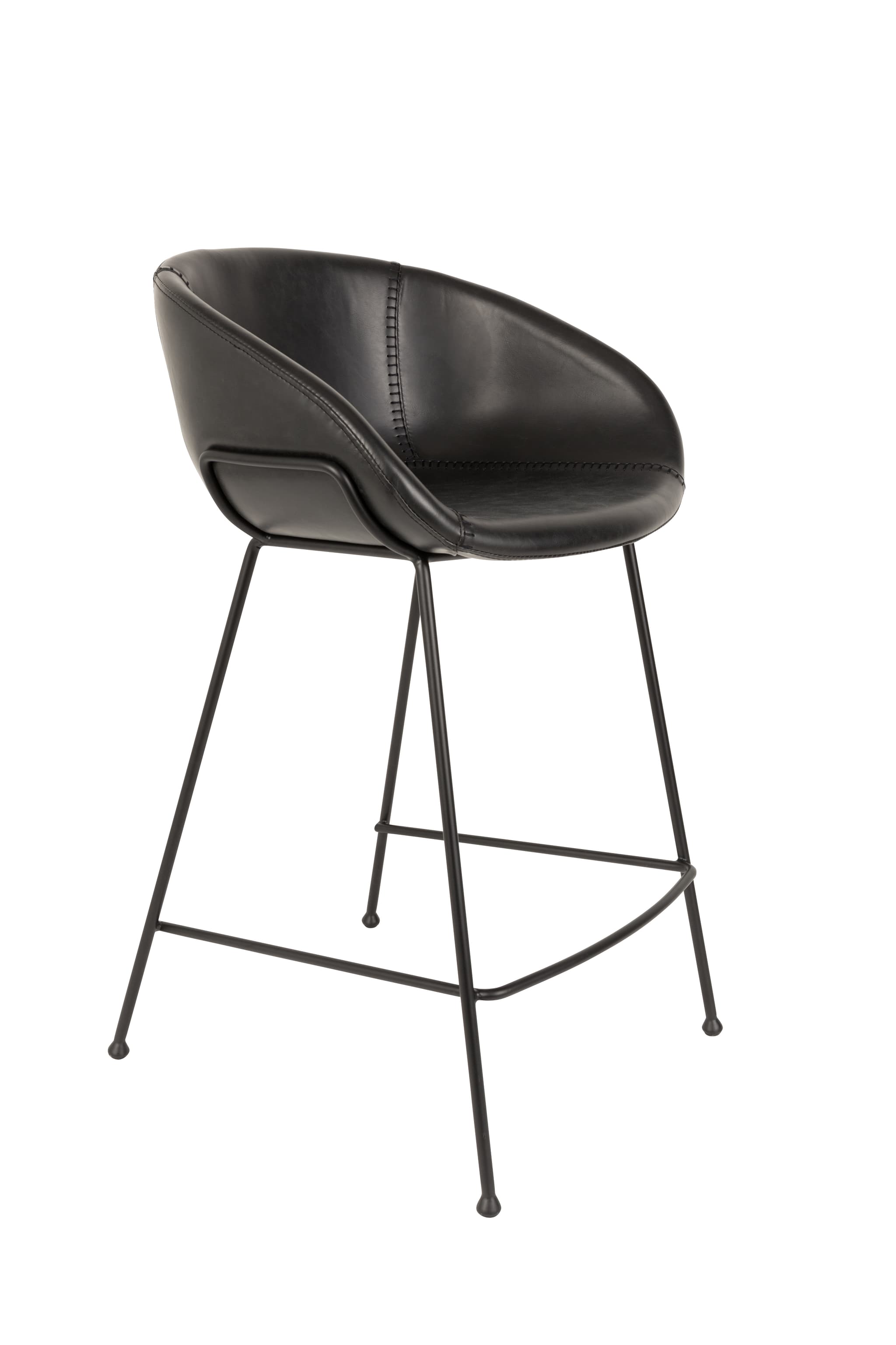 ZUIVER Feston barstol, med ryggstöd, armstöd och fotstöd - svart PU och svart stål (65cm)