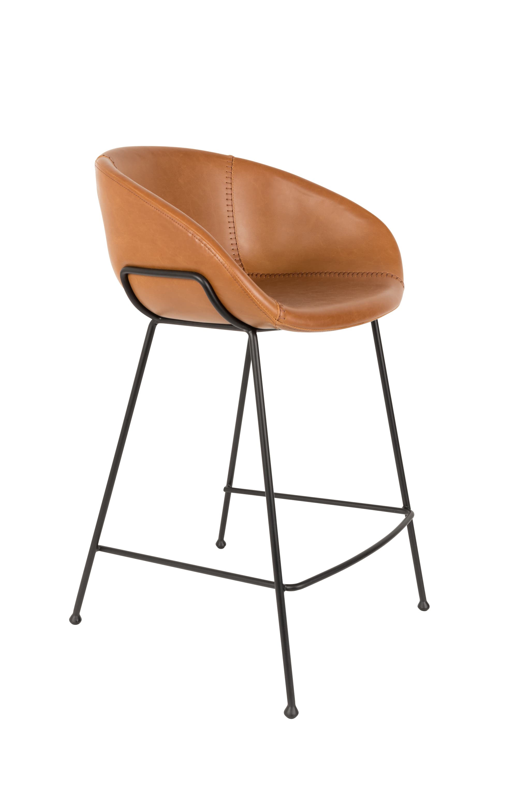 ZUIVER Feston barstol, med ryggstöd, armstöd och fotstöd - brunt PU och svart stål (65cm)