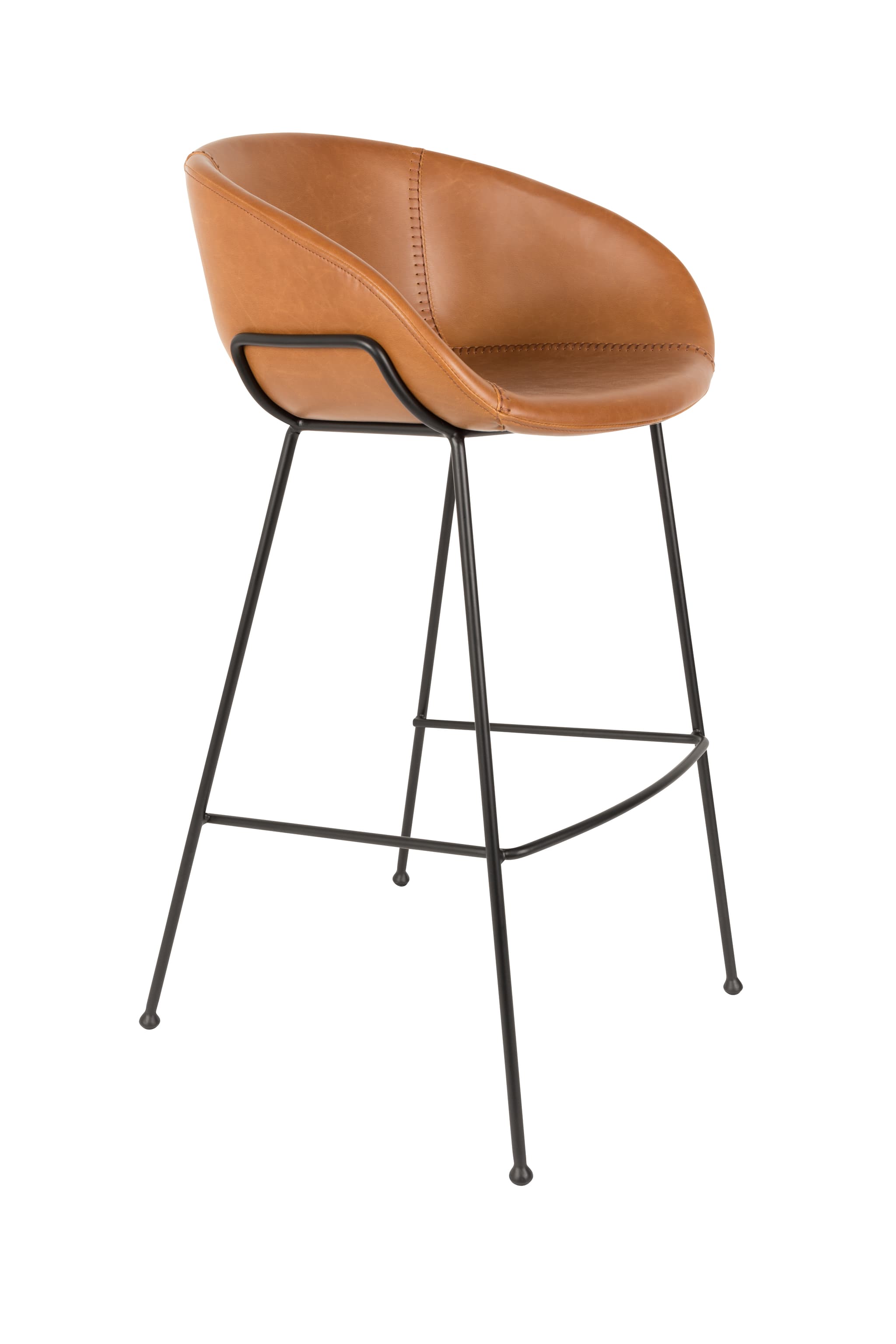 ZUIVER Feston barstol, med ryggstöd, armstöd och fotstöd - brunt PU och svart stål (76cm)