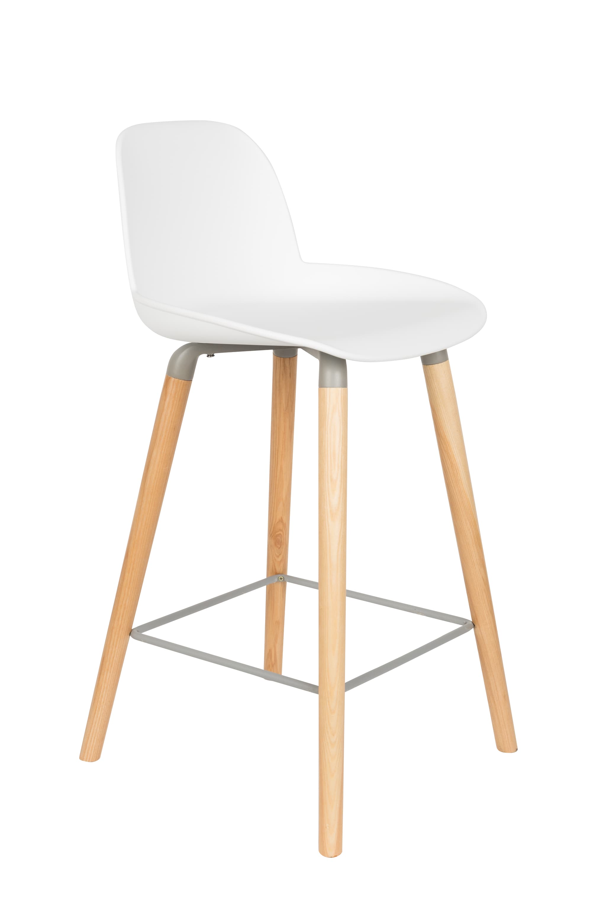 ZUIVER Albert Kuip barstol, med ryggstöd och fotstöd - vit polypropen/naturlig ask (65cm)